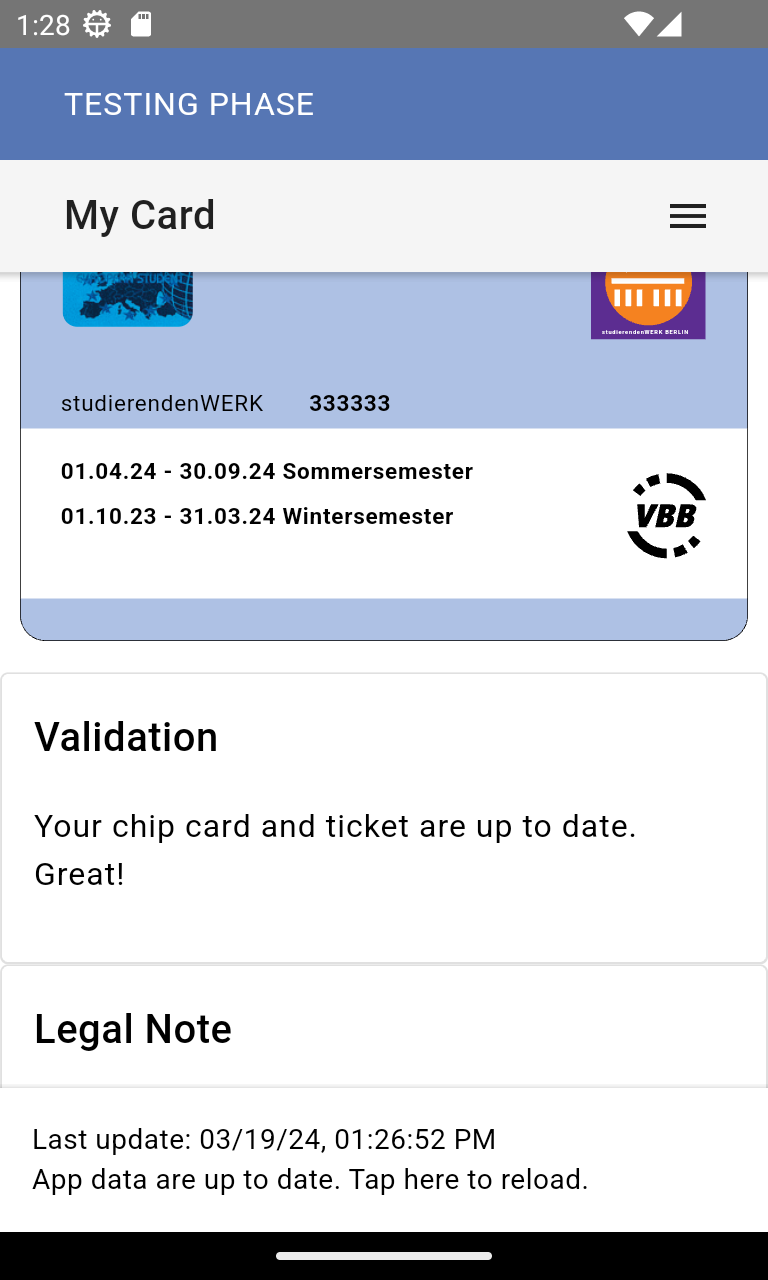 view of valid card in app