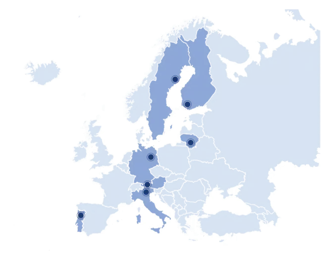 Map showing AI2PI consortium partner locations across Europe