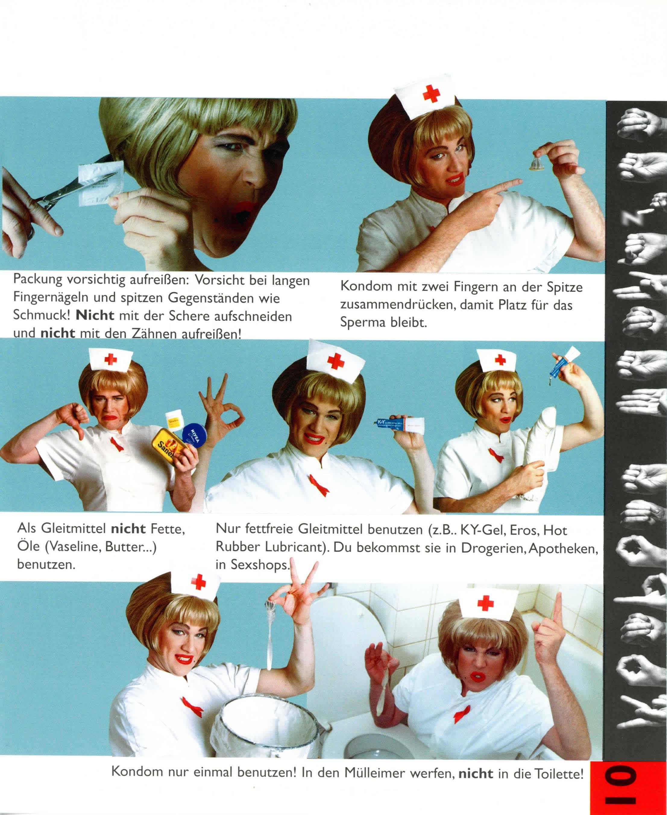 Dieser Text wird OCR durch die kostenlose Version von Textify auf macOS.
Sie können diese Meldung manuell entfernen oder durch die PRO-Version (über Textify > Einstellungen) kaufen, die mir die App verbessern helfen. Dankeschön.
----------------------------------------------------------------------
Packung vorsichtig aufreißen: Vorsicht bei langen
Fingernägeln und spitzen Gegenständen wie
Schmuck! Nicht mit der Schere aufschneiden
und nicht mit den Zähnen aufreißen!
Kondom mit zwei Fingern an der Spitze
zusammendrücken, damit Platz für das
Sperma bleibt.
Als Gleitmittel nicht Fette,
Ole (Vaseline, Butter...)
benutzen.
Nur fettfreie Gleitmittel benutzen (z.B.. KY-Gel, Eros, Hot
Rubber Lubricant). Du bekommst sie in Drogerien, Apotheken,
in Sexshops.
Kondom nur einmal benutzen! In den Mülleimer werfen, nicht in die Toilette!
